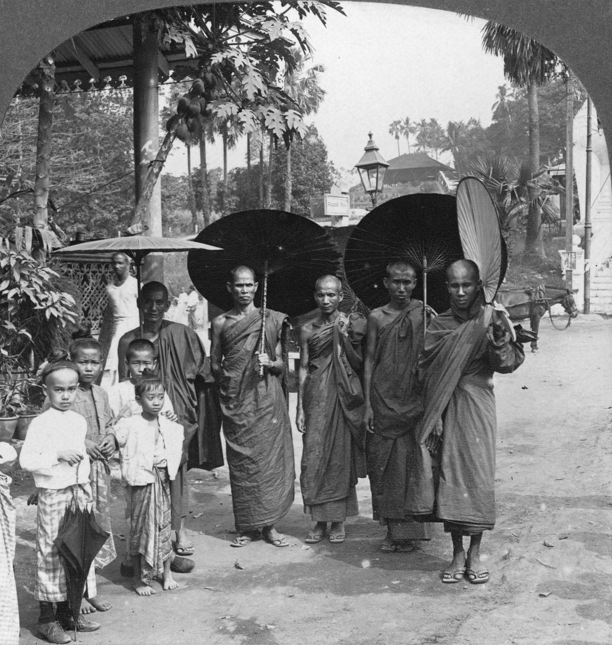 Buddhistiska munkar med solskydd och solfläktar, Rangoon, Burma, 1908 av Stereo Travel Co