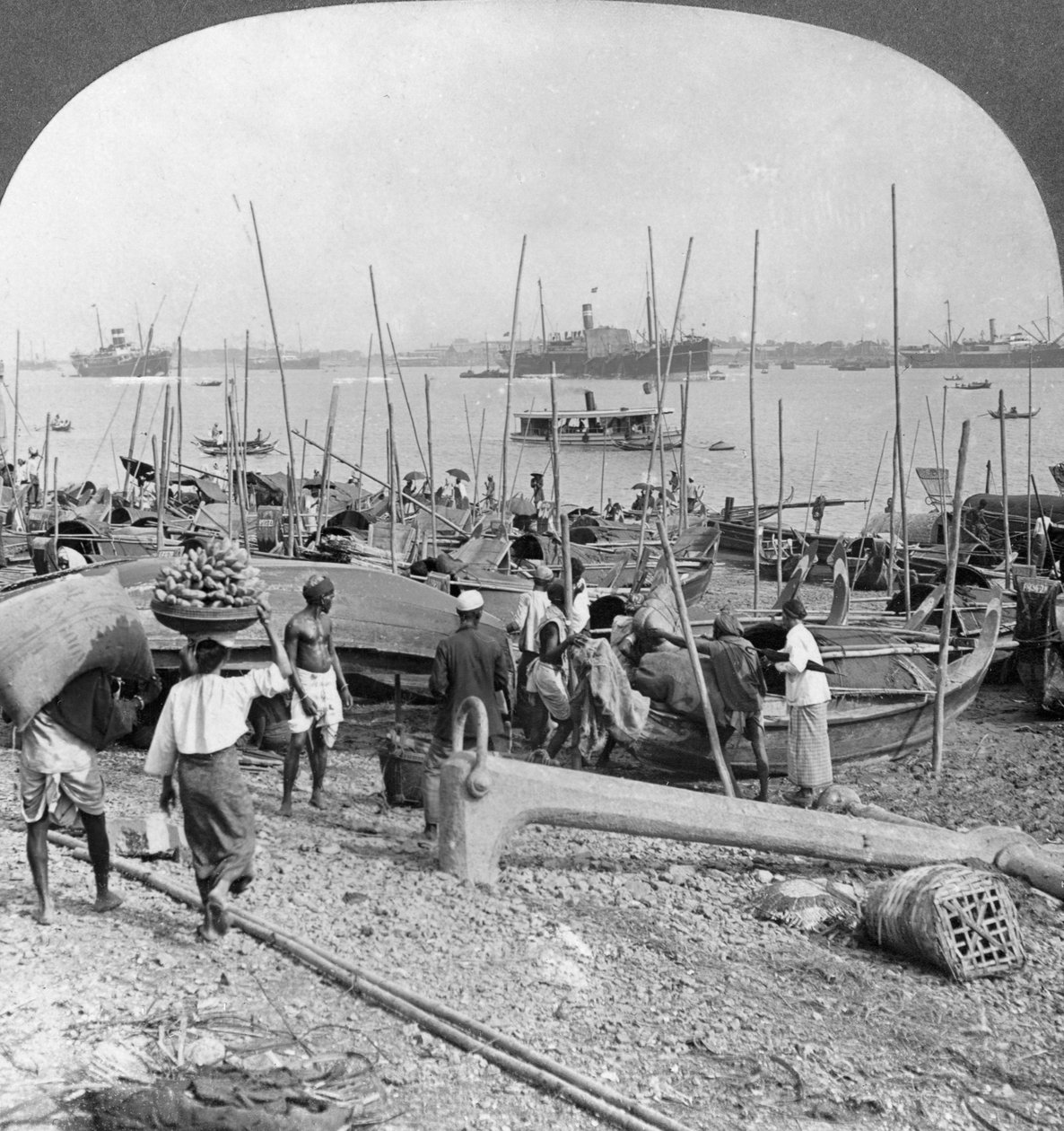 Hamnen i Rangoon vid Irrawaddyfloden, Burma, 1908 av Stereo Travel Co