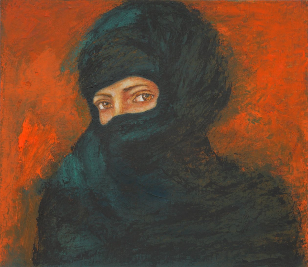 En svart slöja - oroliga tider, 2011 (olja på papper) av Stevie Taylor