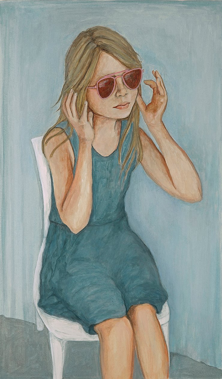 Girl In Sunglasses, 2017 (pen & blæk og vask på papir) swed av Stevie Taylor
