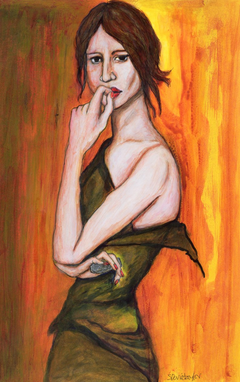 Green Dress and Mobile Phone, 2006 (pen & ink and inks on paper) av Stevie Taylor