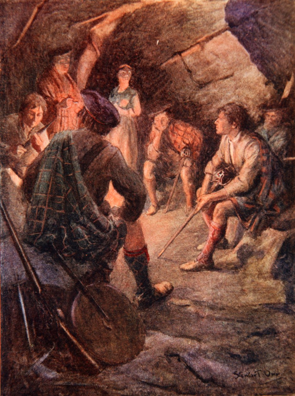 Beväpnade högländare sitter runt elden och planerar för Bonnie Prince Charlie av Stewart Orr