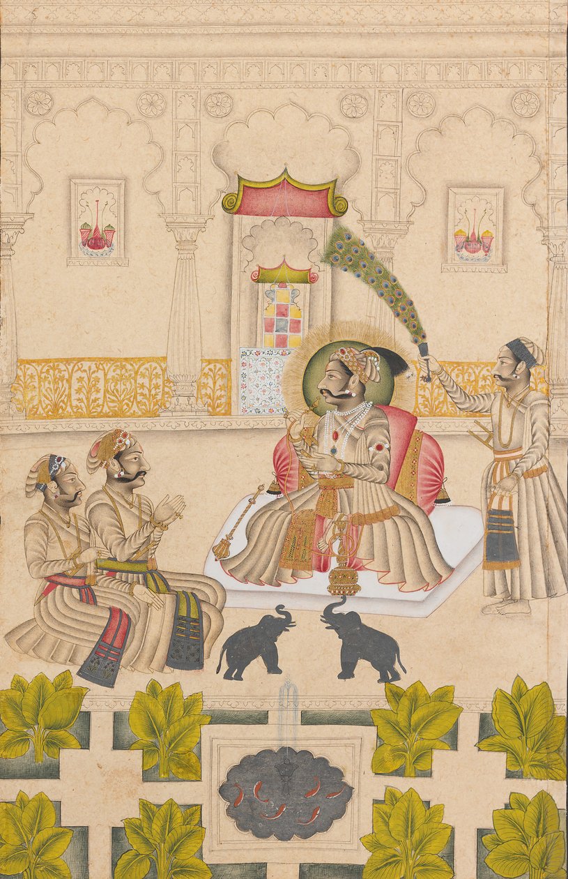 Maharana Amar Singh II visas två silverelefanter, ca. 1705. av Stipple Master