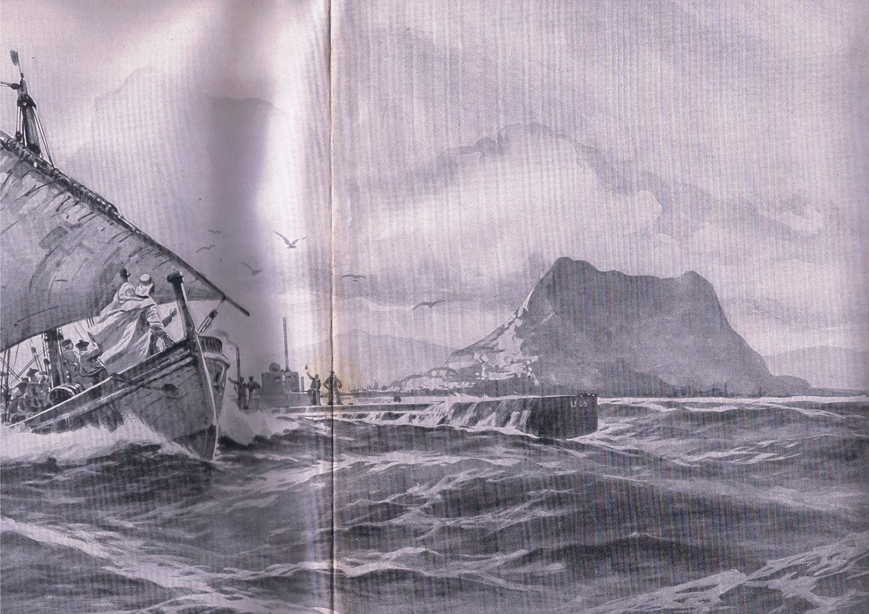 Tysk ubåt som reser genom Gibraltersundet på väg till Dardenellerna, från puben The Illustrated History of the World War 1914-1915. av Union Berlagsefellfchaft av Willy Stoewer 