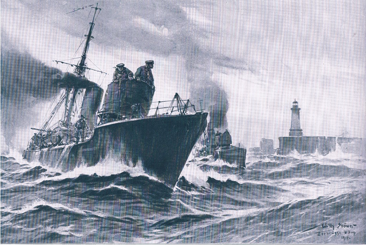 Patrullbåtar och minsvepare som seglar ut ur hamnen i Zeebrugge, från puben The Illustrated History of the World War 1914-1915. av Union Berlagsefellfchaft av Willy Stoewer 