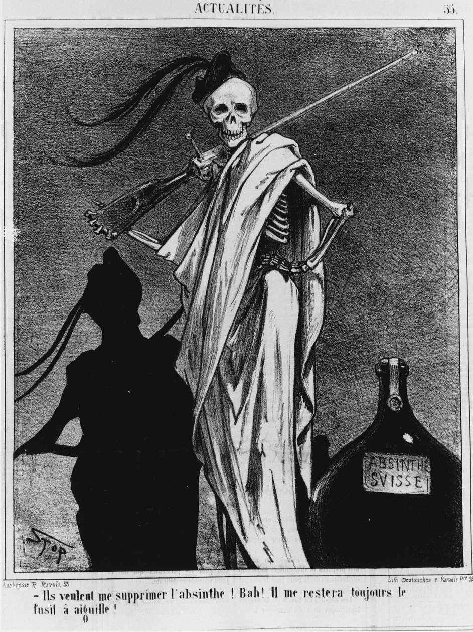 Alkoholism på 1800-talet säger döden, "De vill ta bort absint från mig! Bah! Jag kommer alltid att ha nålgeväret kvar!” - ritning av Stop i "" Charivari"" från 1867-04-12 av Stop