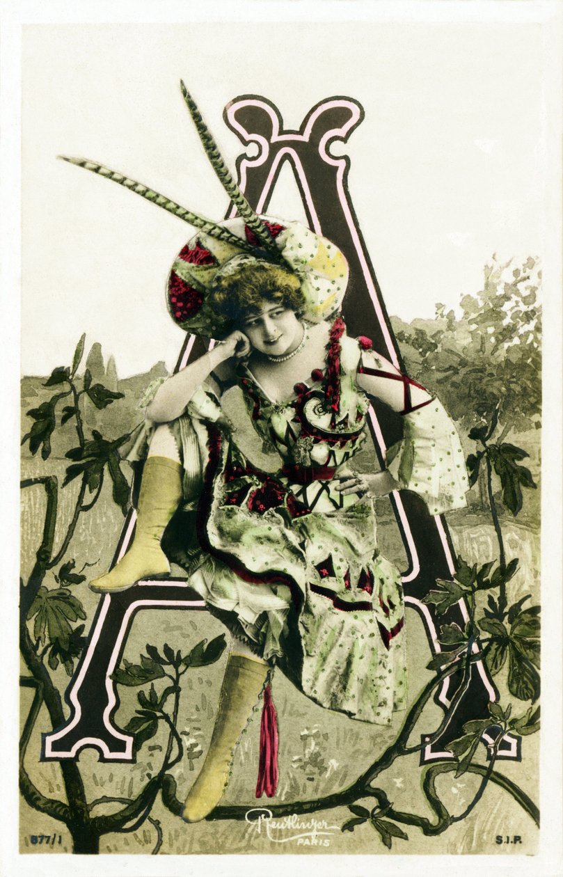 Till: Constance Elise De Vere, fransk skådespelerska med engelska rötter, född i Belgien -Theater Marigny, Paris - Alfabet i vykort - Fotomontage med fotografier av kvinnliga konstnärer från Belle Epoque gjorda av Leopold Reutlinger. Ed av Studio Reutlinger