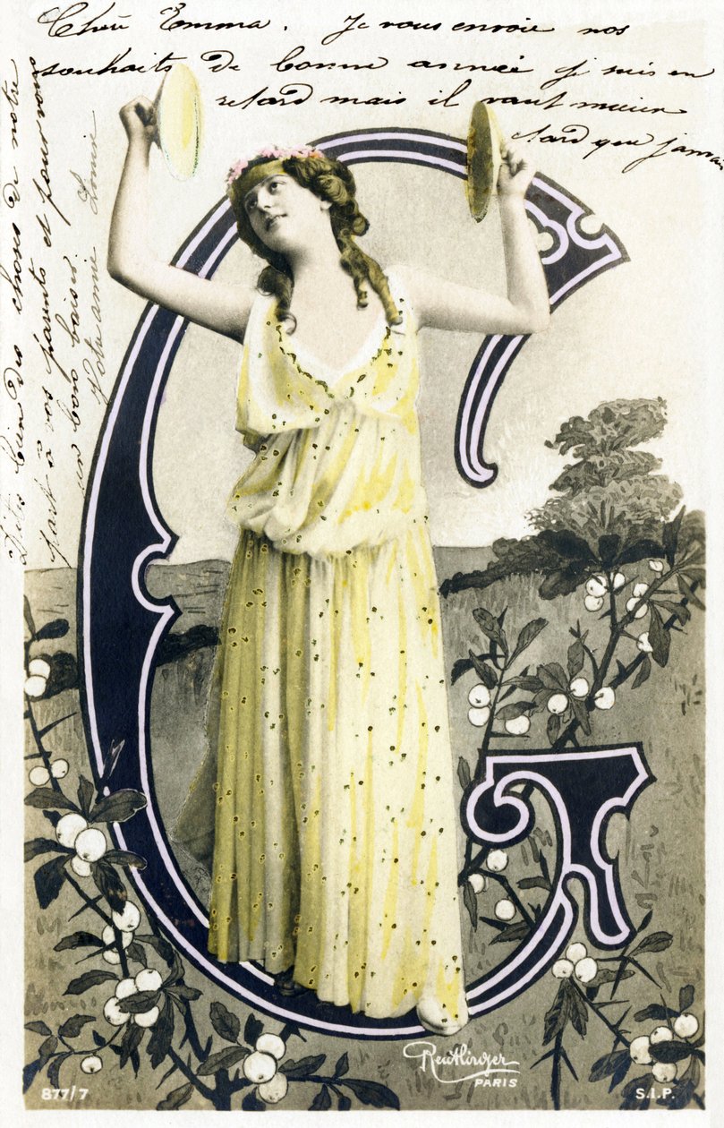 G: Louise Myriel, skådespelare och sångerska från Belle Epoque - Folies Bergere, Gymnase, Gaite, Paris - Alfabetet i vykort av Studio Reutlinger