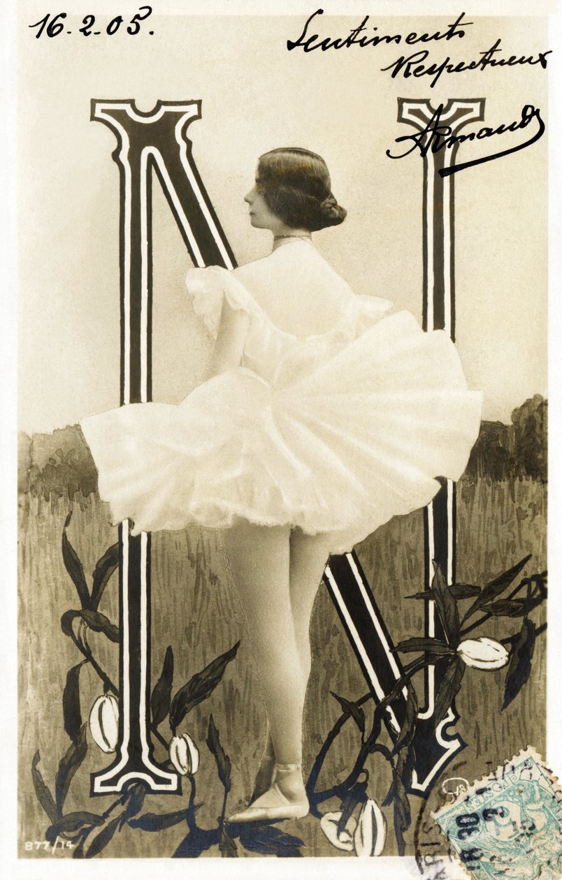 N : Cleopatre Diane de Merode, kallad Cleo de Merode , dansare från la Belle Epoque, utbildad vid Opera de Paris - Theatre des Folies Bergere , Paris - Alfabetet på vykort av Studio Reutlinger