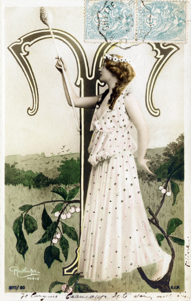 T: Louise Myriel, skådespelerska och sångerska från Belle Epoque - Folies Bergere, theatres du Gymnase, de la Gaite, Paris - Alfabetet i vykort av Studio Reutlinger