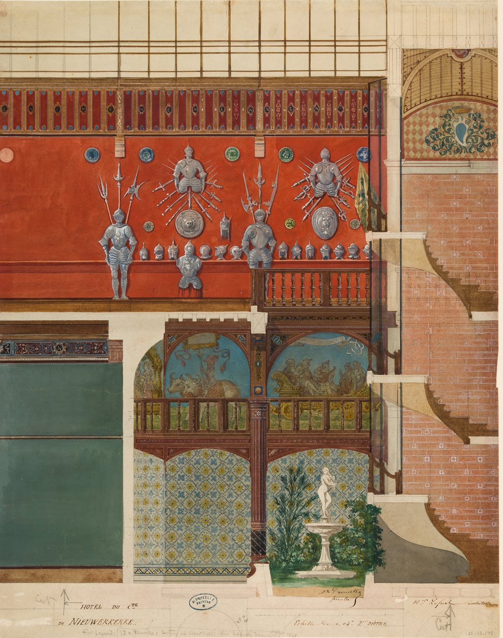 Arkitektonisk ritning av interiören av Comte de Nieuwerkerke-huset, ca. 1870. av Studio of Hector Martin Lefuel.
