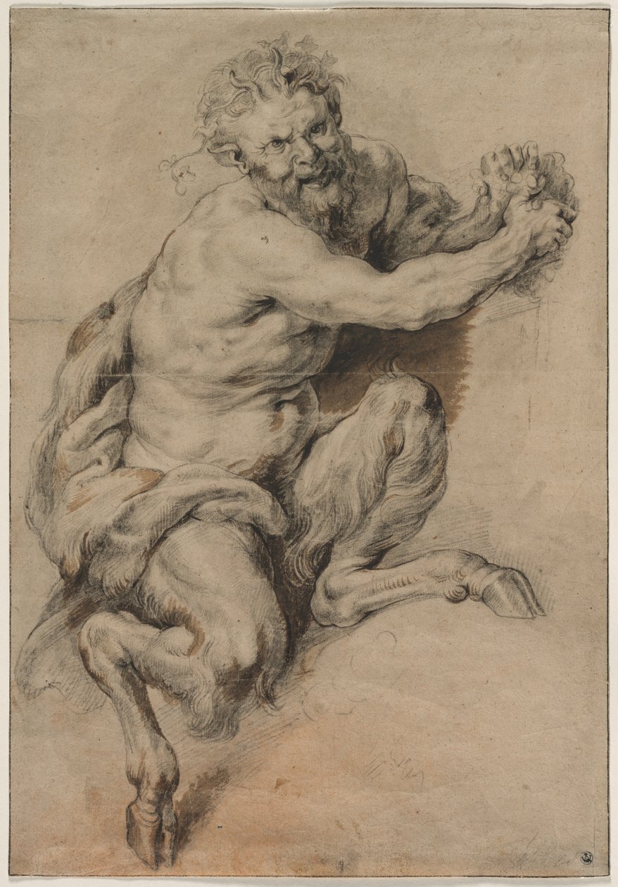 En faun som tar tag i ett druvklase av Studio of Peter Paul Rubens