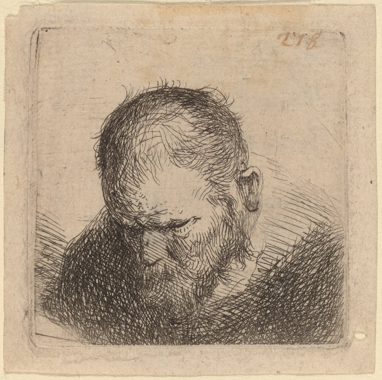 Skäggig Man Ser ner av Studio of Rembrandt van Rijn