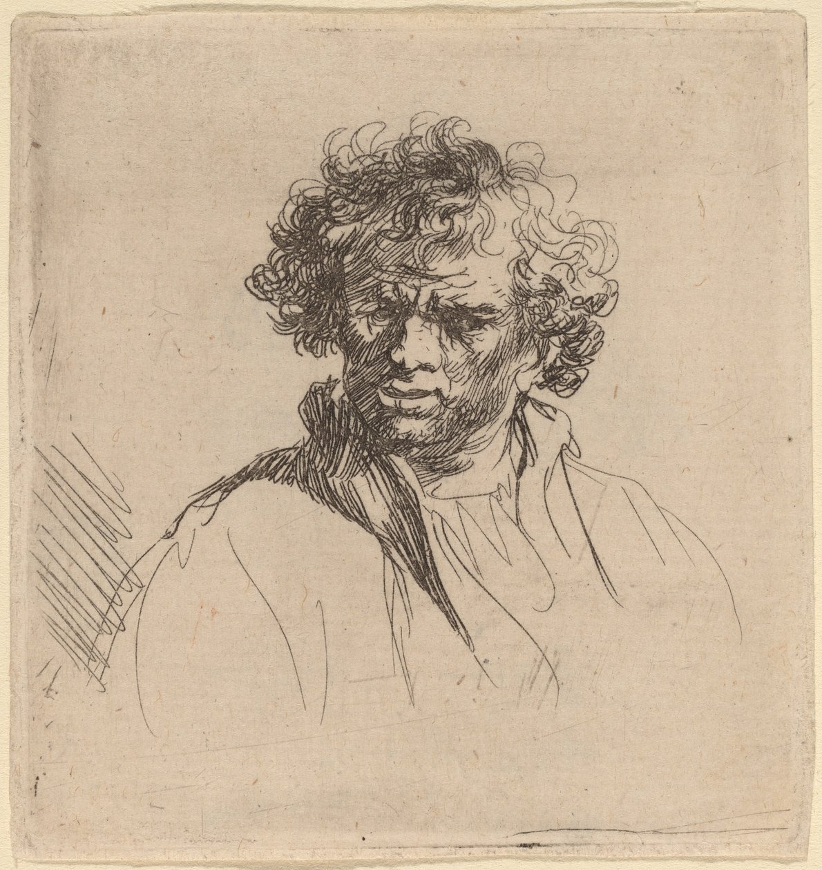 Man med lockigt huvud med sned mun av Studio of Rembrandt van Rijn