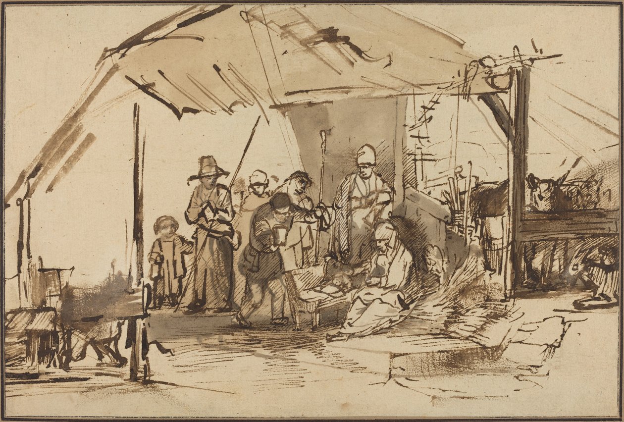 Tillbedjan av herdarna av Studio of Rembrandt van Rijn