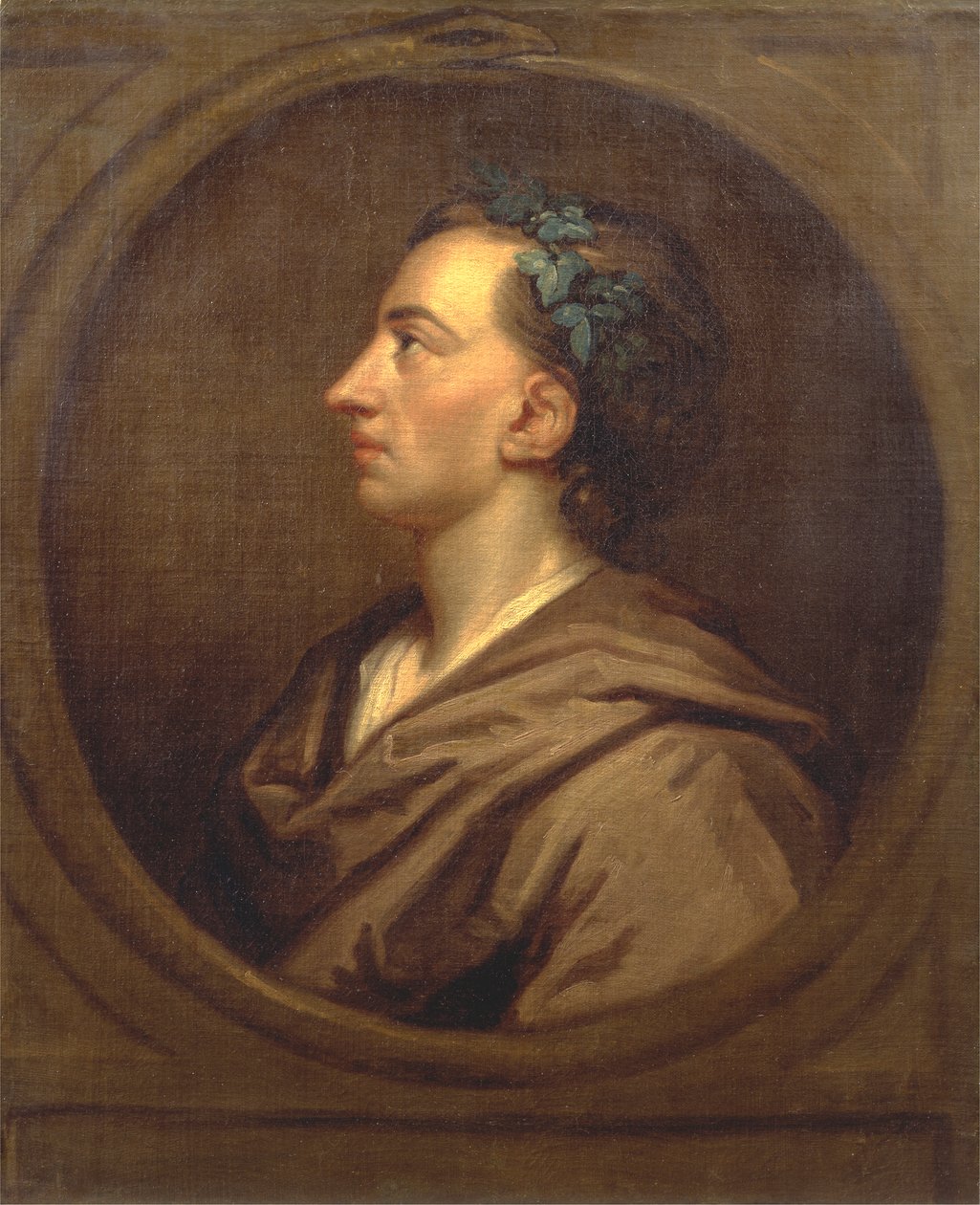 Alexander Pope-profil, krönt med murgröna av Studio of Sir Godfrey Kneller