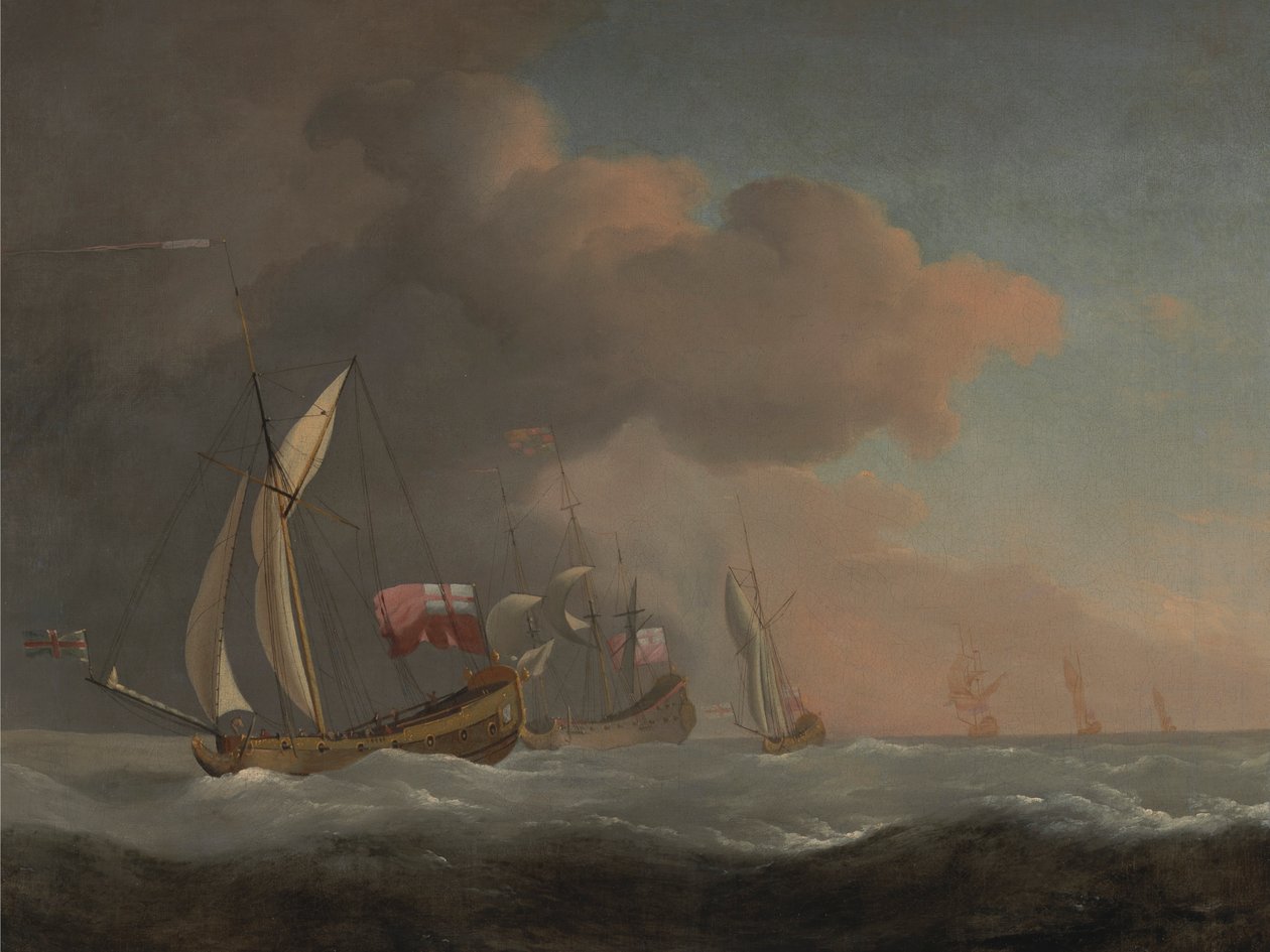 Engelska kungliga yachter till havs i en stark bris, i sällskap med ett fartyg som flyger den kungliga standarden av Studio of Willem van de Velde the Younger
