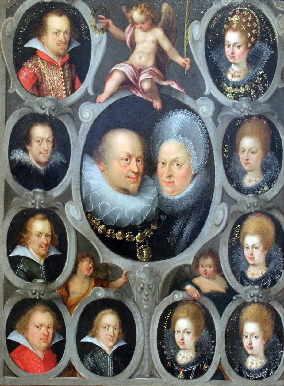 Hertig Friedrich I (1557-1608) (r. 1593-1608) och hertiginnan Sibylla von Württemberg med tio av deras barn av Stuttgarter Hofmaler