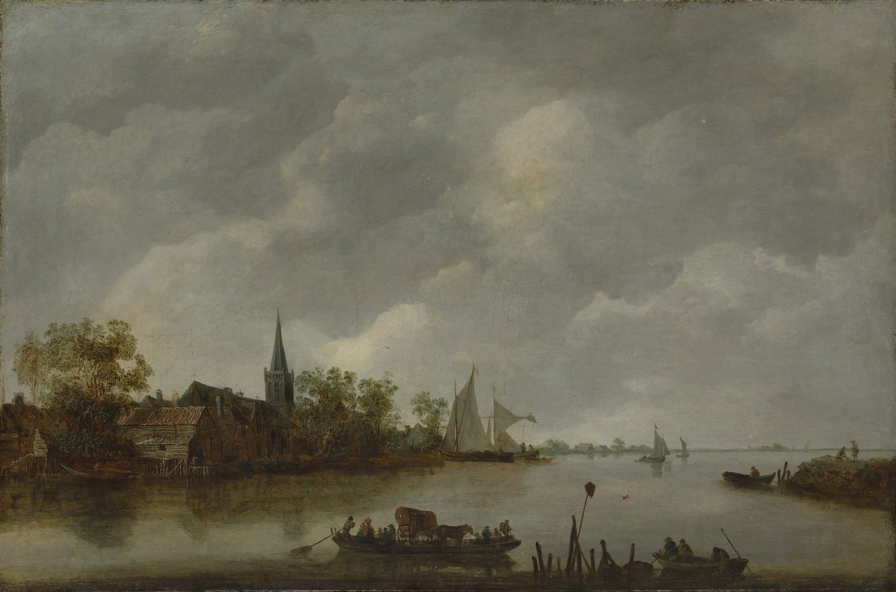 River View med en bykyrka. av Style of Jan van Goyen