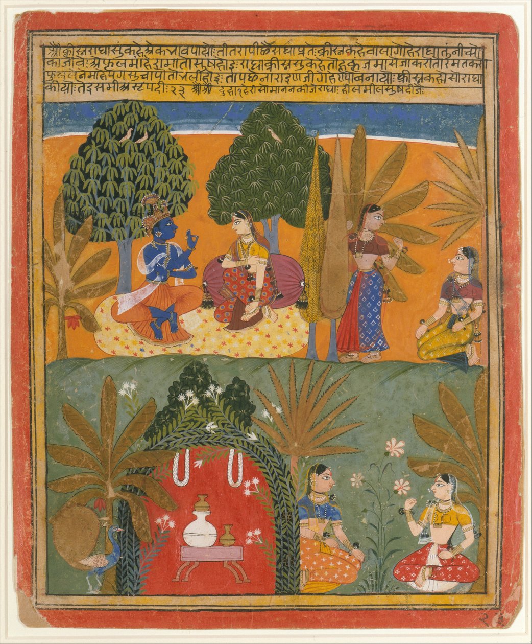 Krishna och Radha med sina förtrogna: Sida från en Dispersed Gita Govinda, ca. 1655-60. av Style of Manohar