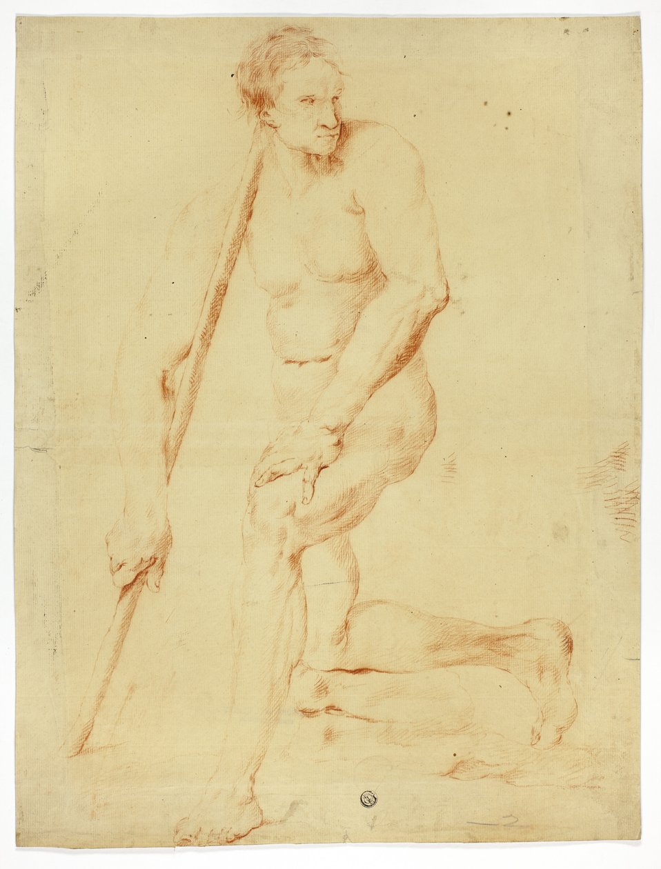 Akademisk man naken lutar sig mot personal av Style of Pompeo Girolamo Batoni