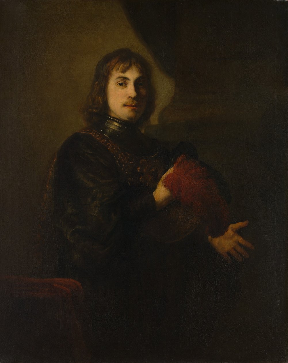 Porträtt av en man med bröstskydd och plymerad hatt. av Style of Rembrandt