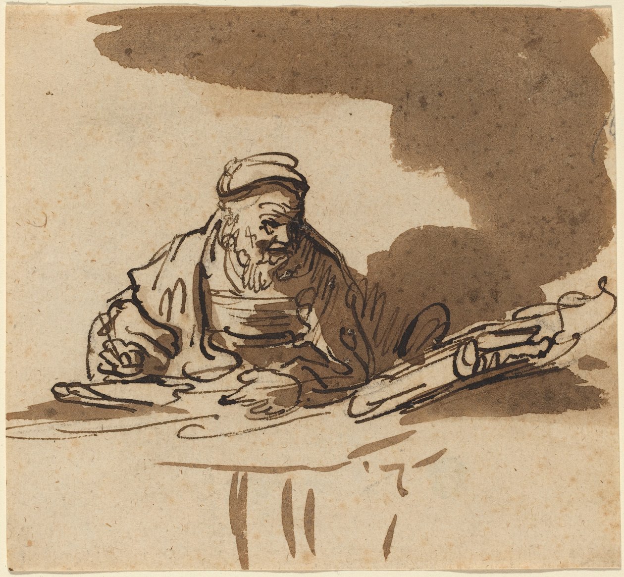 En gammal lärd vid sitt skrivbord av Style of Rembrandt van Rijn