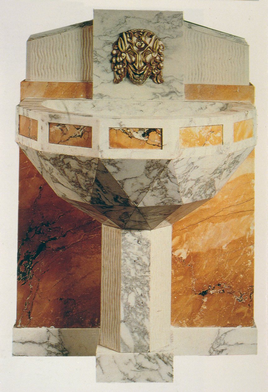 Väggfontän dekorerad med satyrmask i förgylld brons, ca 1925 (marmor) av Sue et Mare