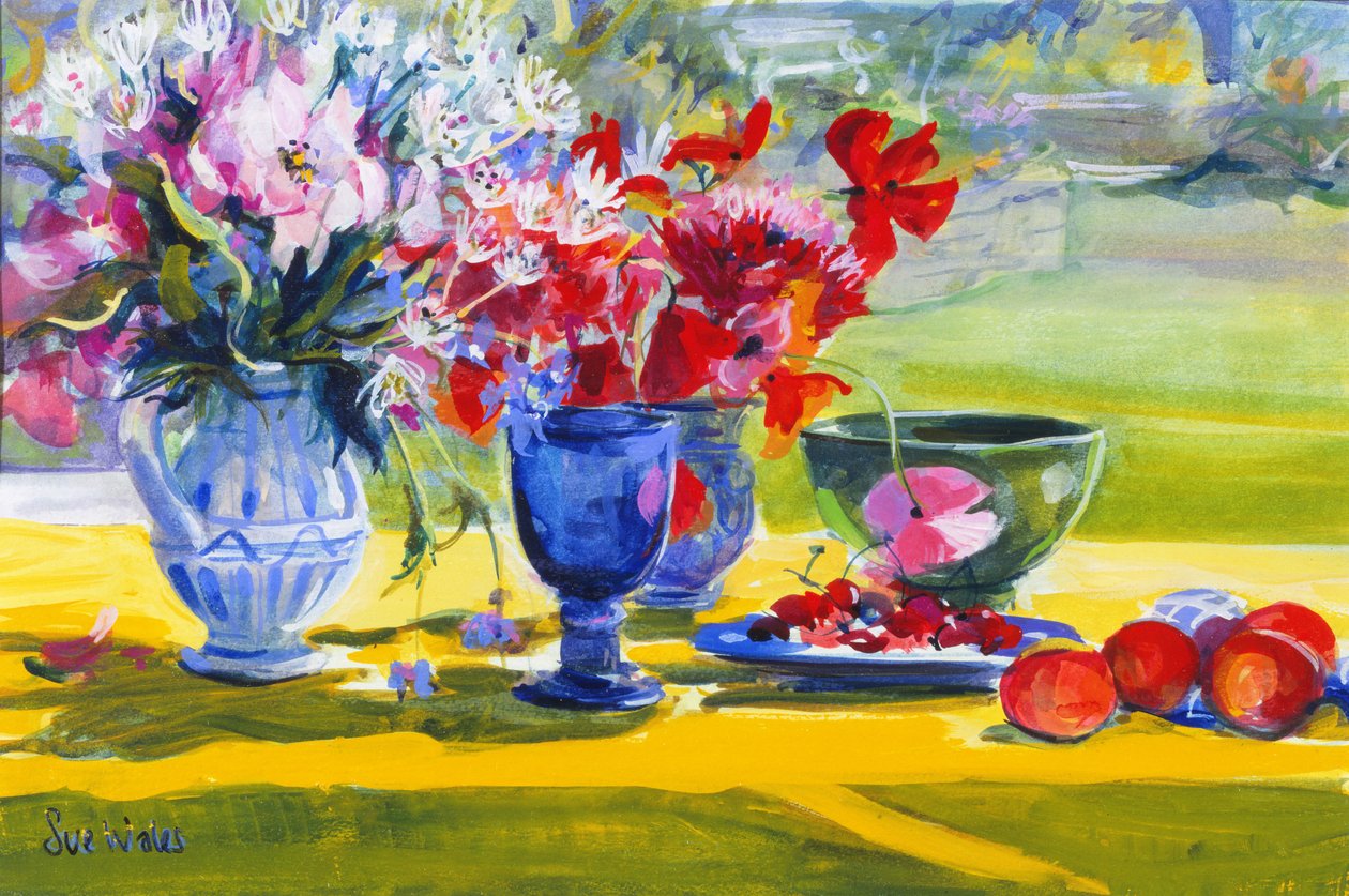 Midsommarblommor på trädgårdsbordet, 1993 av Sue Wales