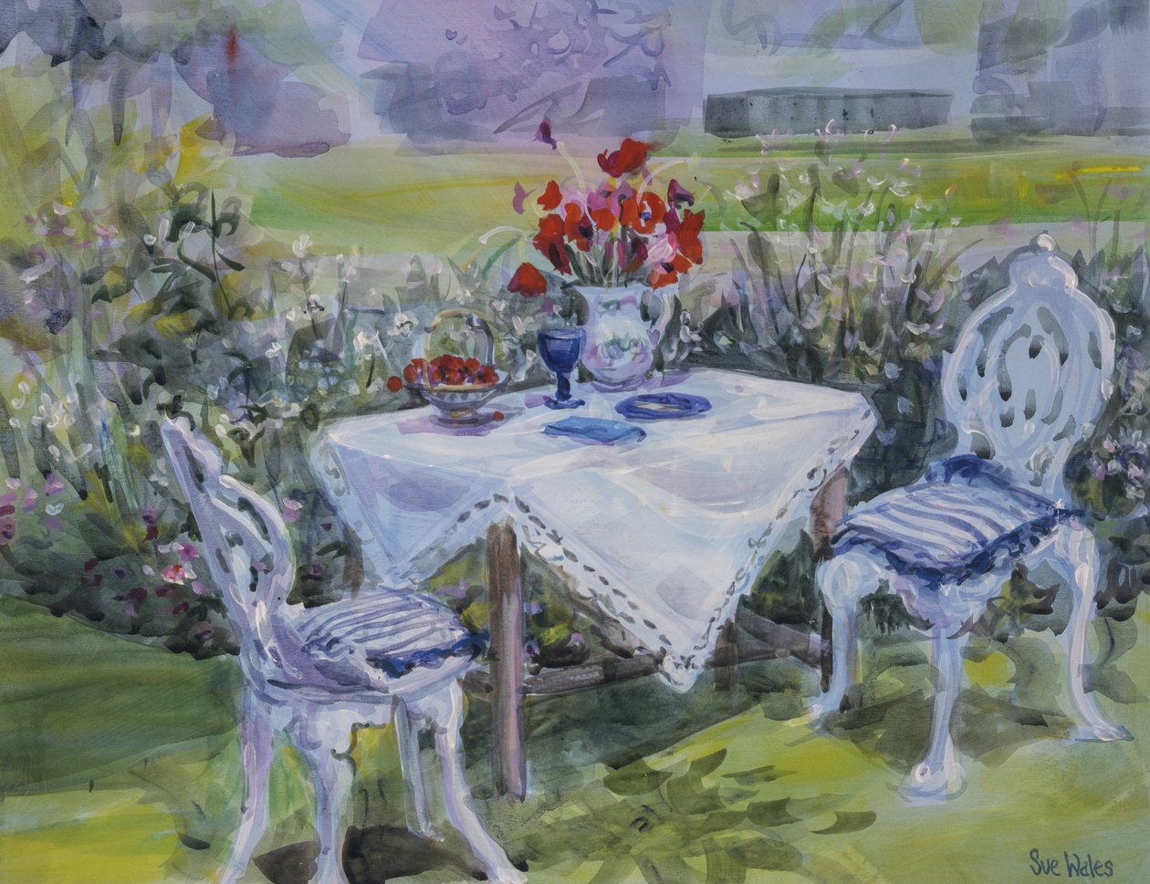 Vallmo och vitt tyg, 1997, (gouache på kort) av Sue Wales