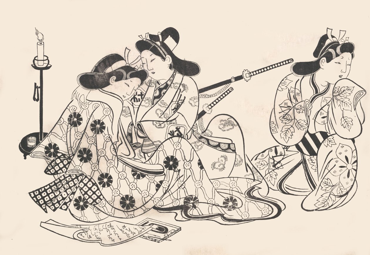 Samurajer och kurtisan sitter, en tjänare bredvid dem, ca. 1685., ca. 1685. av Sugimura Jihei