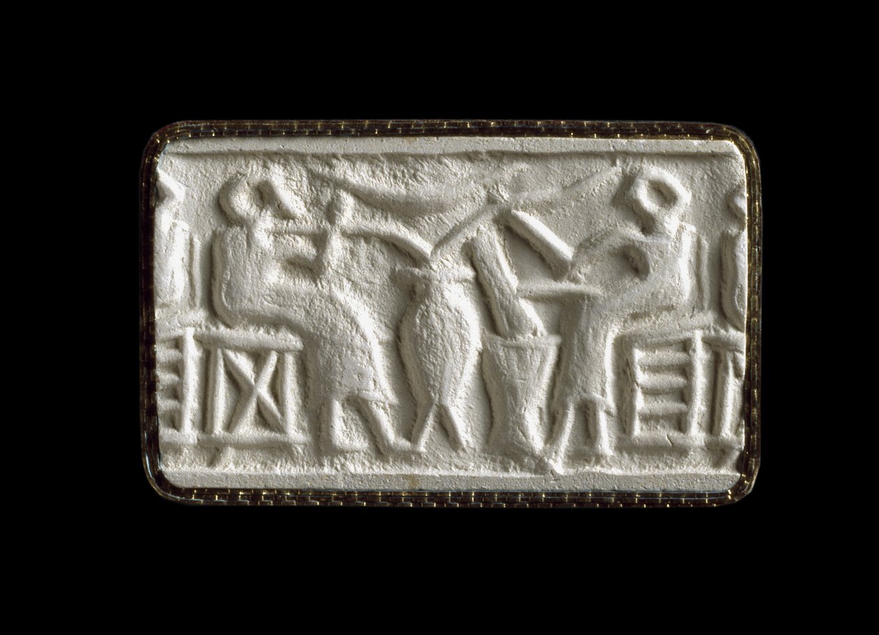 Cylinderförslutningsavtryck av två sittande figurer som dricker genom rör, Kish, Irak, troligen ca 2500 f.Kr. (gipsavtryck) av Sumerian