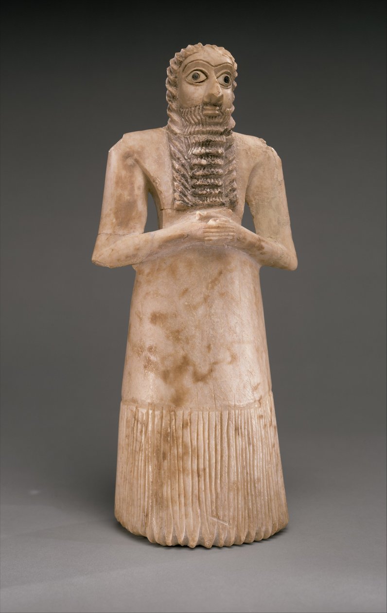 Stående manlig dyrkare, tidig dynastik, ca 2900-2600 f.Kr. (gipsalabaster, skal, svart kalksten, bitumen) av Sumerian
