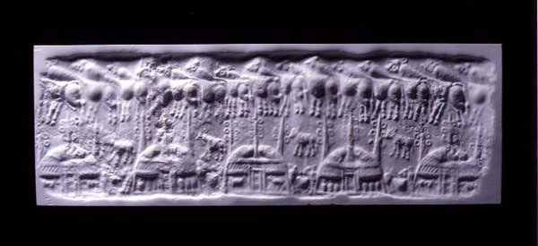Hanterat cylindertätningsavtryck, Uruk (nu Warka, Irak), c.3300-3000 f.Kr. (gips) av Sumerian Sumerian