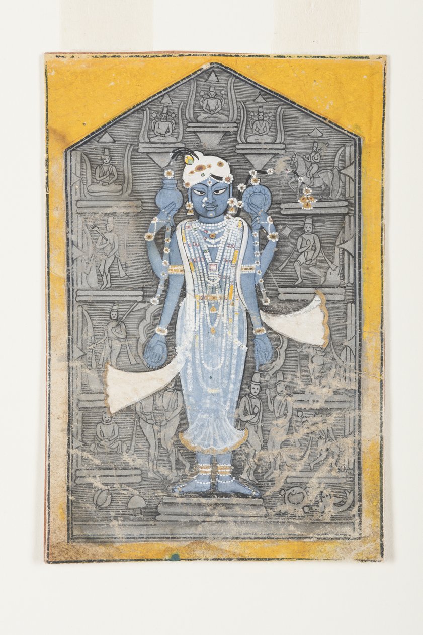 En bild av Vishnu omgiven av basreliefer av hans avatarer, ca 1780 (ogenomskinlig wc & guld på papper) av Surdhaj Nanag Ram