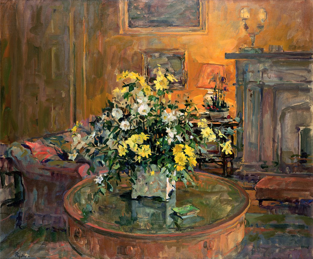 Trumbord med gula blommor (olja på duk) av Susan Ryder