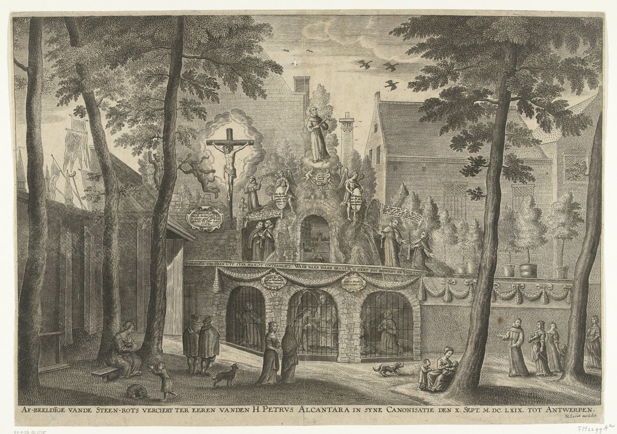 Stellage uppfört i Antwerpen med anledning av helgonförklaringen av Peter av Alcantara 1669 Bilder av stenstenen dekorerad för att hedra St Peter Alcantara i syne Canonization of the X. Sept. MDCLXIX till Antwerpen (titel på objekt) av Susanna Verbruggen (possibly)