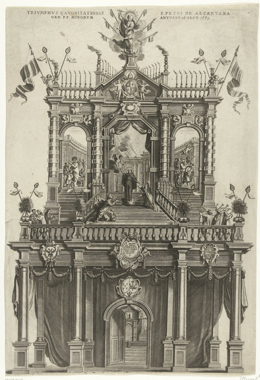 Triumfport uppförd i Antwerpen med anledning av helgonförklaringen av Peter av Alcantara 1669 Triumphus Canonizationis S. Petri de Alcantara Ord. F.F. Minorum Antverp. 16 sept. 1669 (titel på objekt) av Susanna Verbruggen (signed by artist)