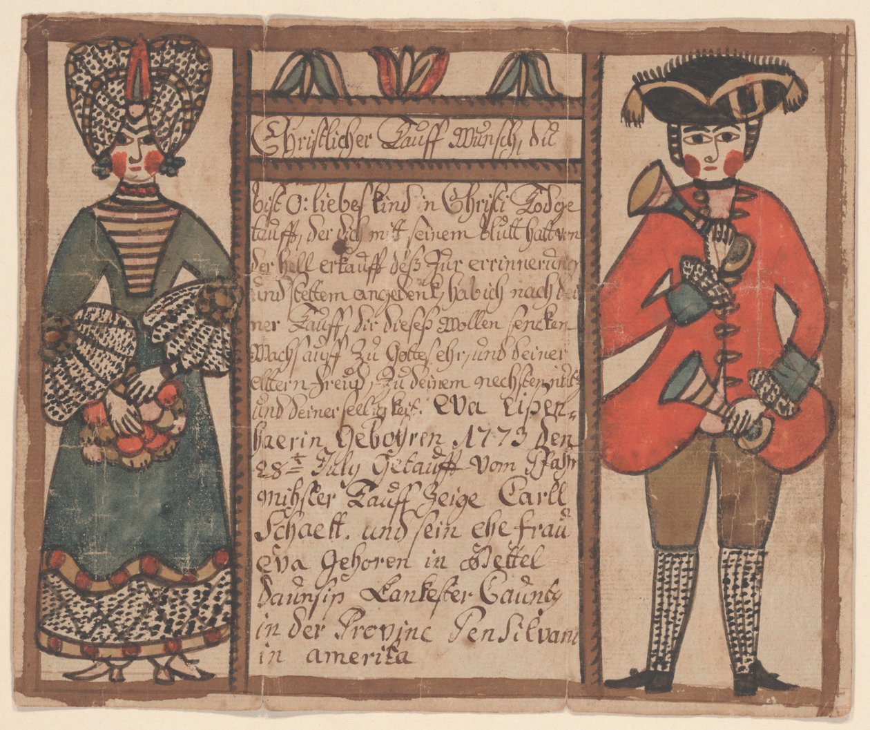 Födelse- och dopattest för Eva Eissenhaer, ca 1773 (penna & bläck och wc på papper) av Sussel Washington Artist