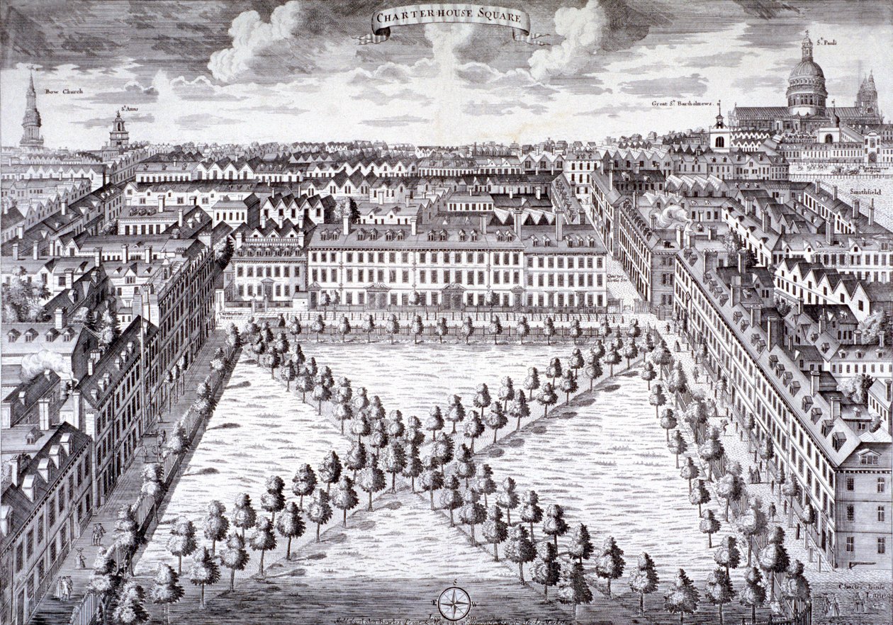 Fågelperspektiv över Charterhouse Square, Finsbury, London, c1750 av Sutton Nicholls
