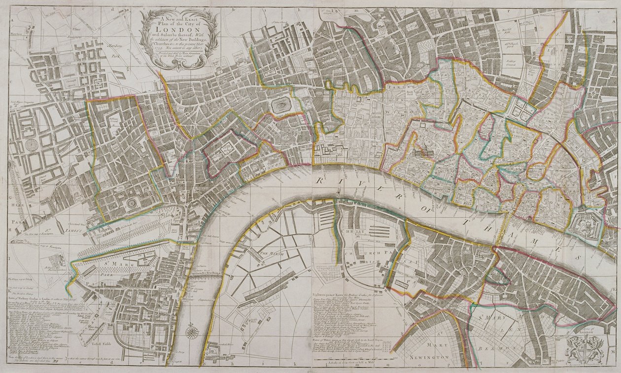 Karta över Westminster, London City, Southwark och omgivande områden, 1739 av Sutton Nicholls