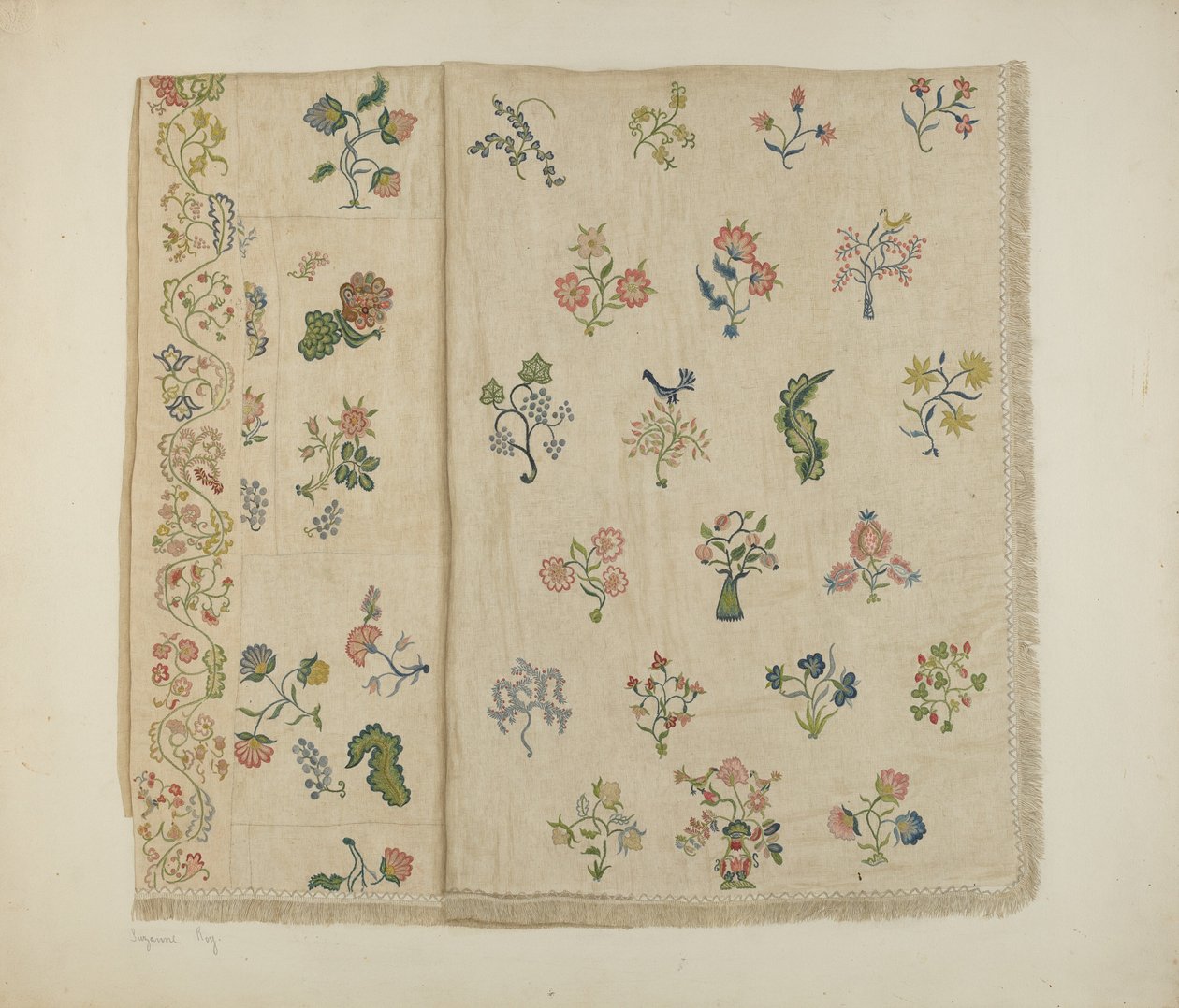 Crewel broderat överkast, ca. 1941. av Suzanne Roy