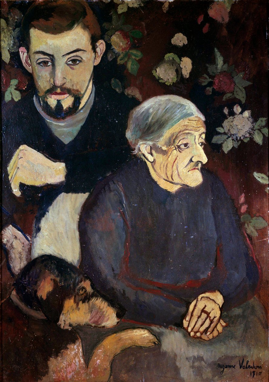 Porträtt av målaren Maurice Utrillo, hans mormor och en hund Målning av Suzanne Valadon (1865-1938) av Suzanne Valadon