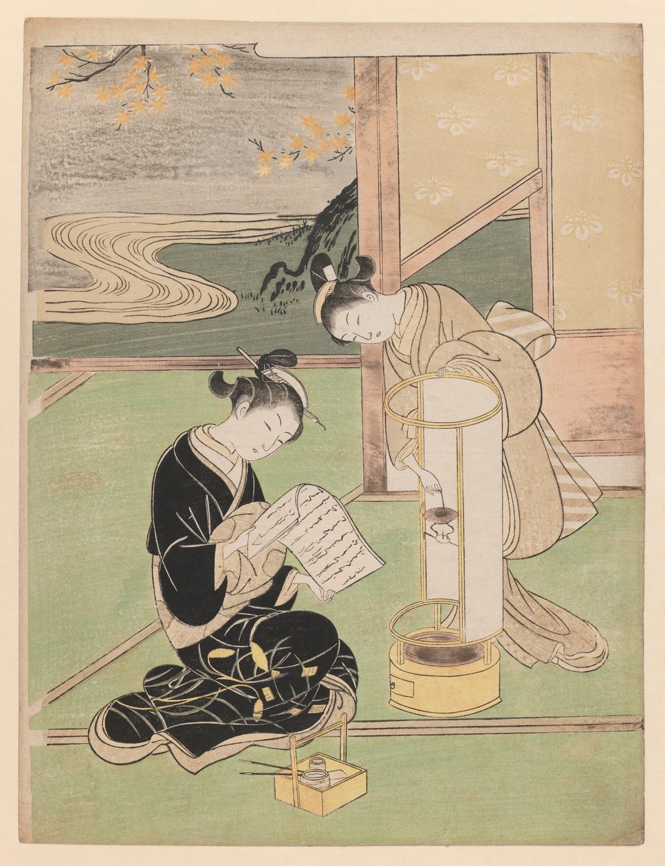 Evening Glow in the Paper-Covered Night-Light, från serien Eight Parlour Views, 1766 (trätryck i färg) av Suzuki Harunobu