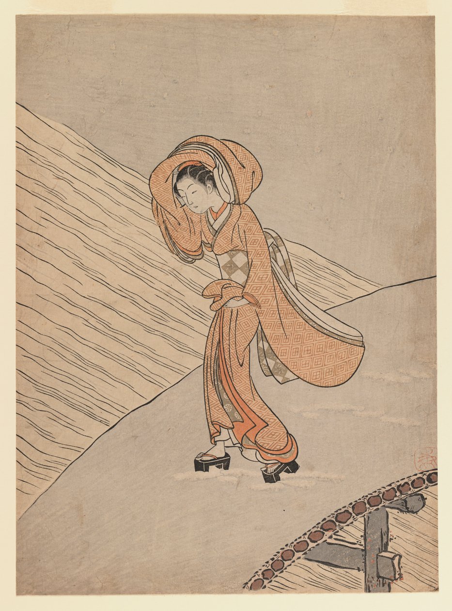 Ung flicka som korsar en bro efter snö: kalenderåret för det andra året av Meiwa, 1765 (trätryck i färg) av Suzuki Harunobu