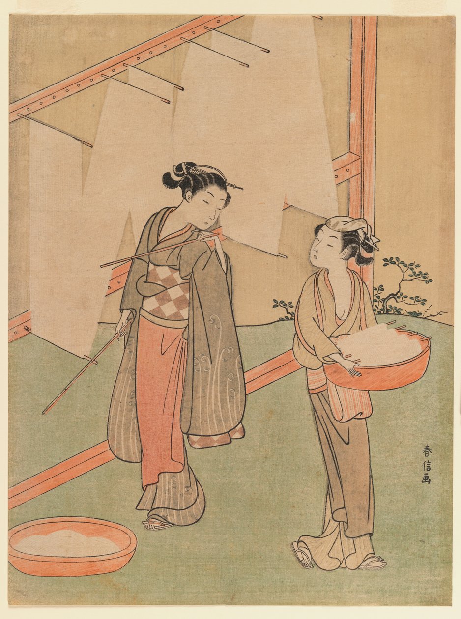 Ung flicka och tjänare som torkar japanska fina nudlar, ca 1766 (träblockstryck i färg) av Suzuki Harunobu