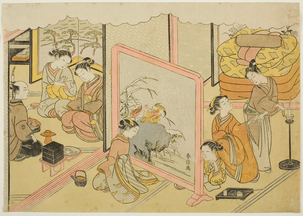 A Cup of Sake before Bed (Toko sakazuki), det sjätte arket i serien "Marriage in Brocade Prints, the Carriage of the Virtuous Woman (Konrei nishiki misao-guruma)" av Suzuki Harunobu