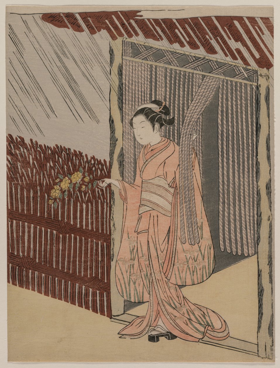 En tjej som klär sig i rosa av Suzuki Harunobu