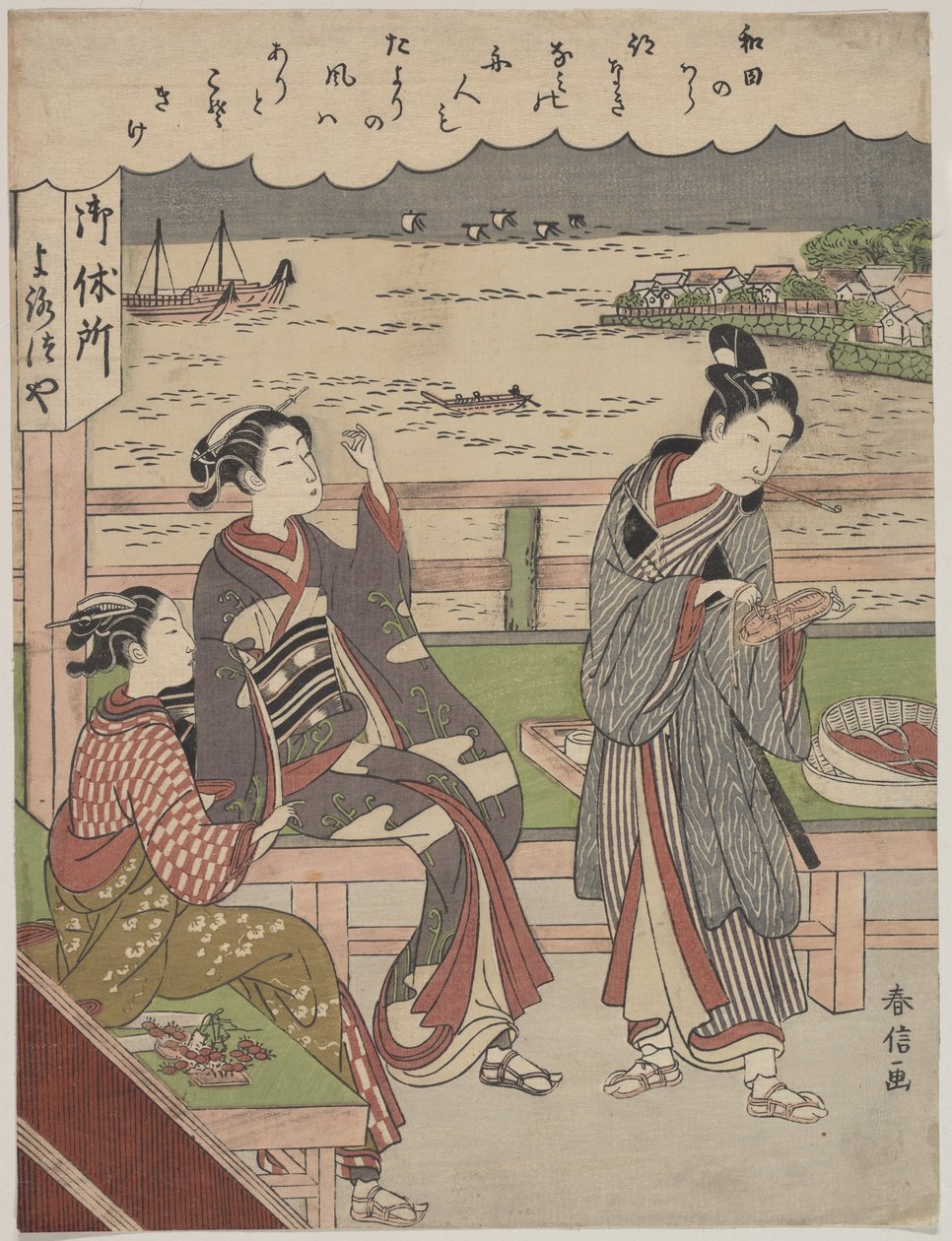En man och två kvinnor i ett tehus i Wada no Ura med utsikt över havet av Suzuki Harunobu