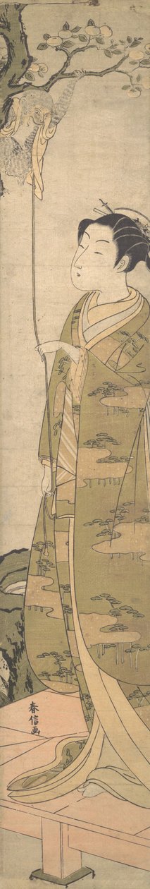 En kvinna som leker med en apa som har klättrat i ett träd, ca. 1770., ca. 1770. av Suzuki Harunobu